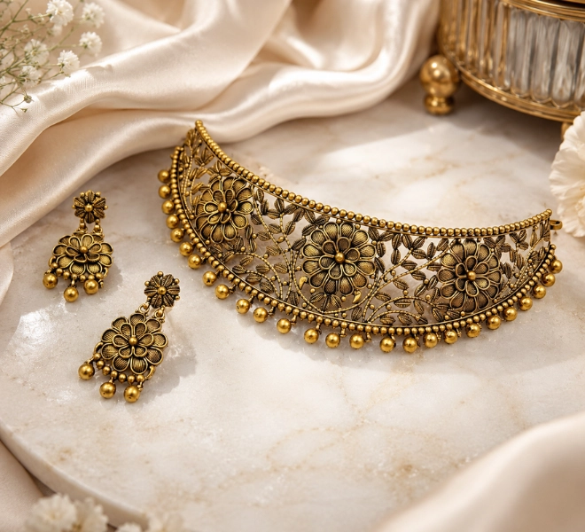 Antique Gold Floral Filigree Choker  Set