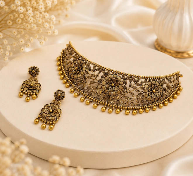 Antique Gold Floral Filigree Choker  Set