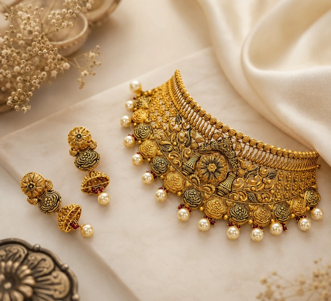 Antique Gold Pearl Drop Bridal Choker Set