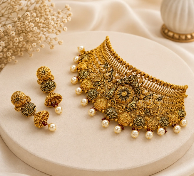 Antique Gold Pearl Drop Bridal Choker Set