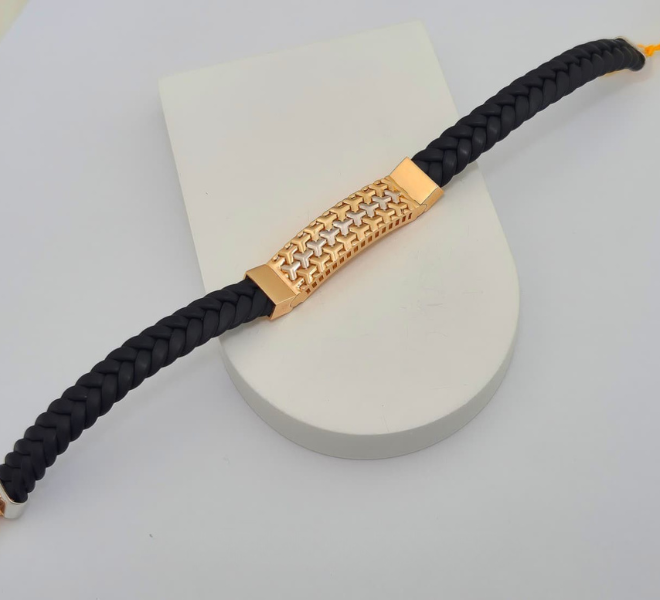 Men’s Black Braided Kada with Gold-Tone Geometric Centrepiece