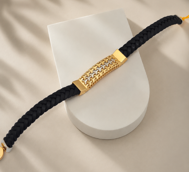 Men’s Black Braided Kada with Gold-Tone Geometric Centrepiece