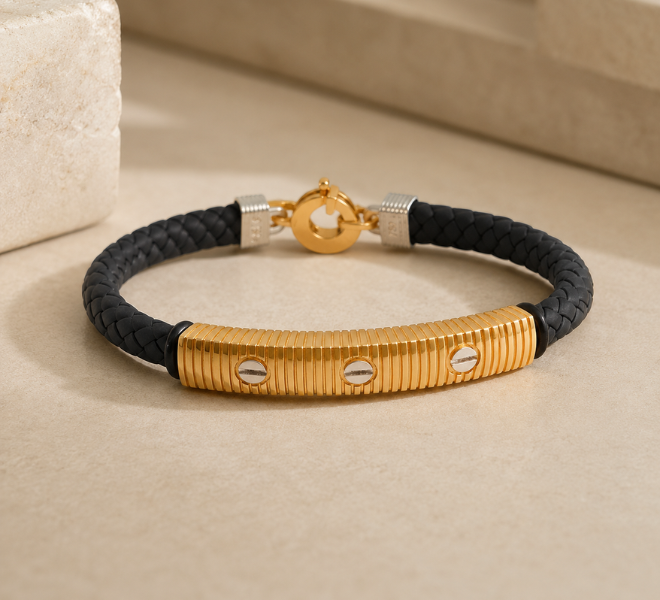Men’s Black Braided Kada with Gold-Tone Screw Bar
