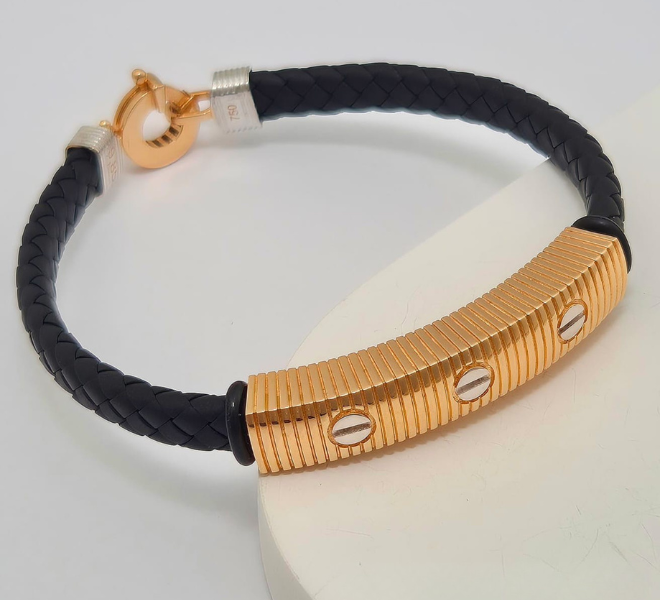 Men’s Black Braided Kada with Gold-Tone Screw Bar