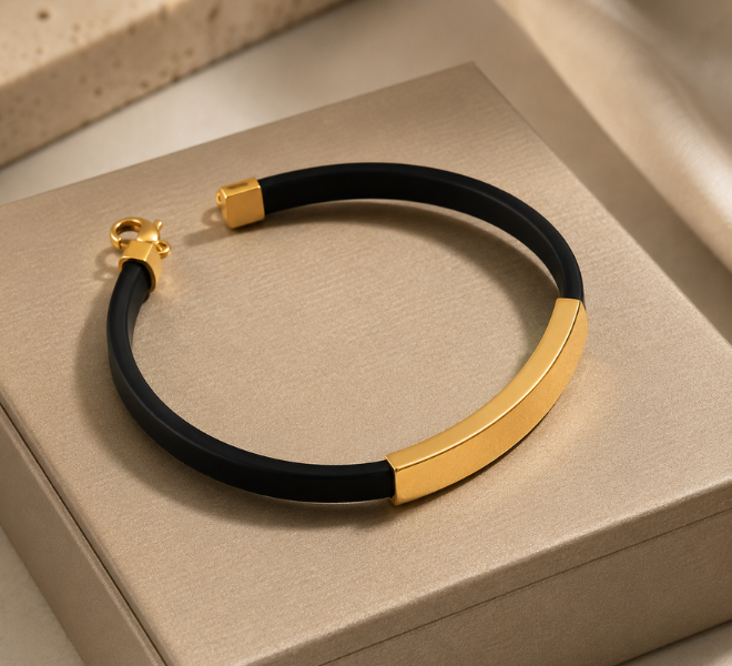 Black Double-Strand Kada with Gold-Tone Curved Bar
