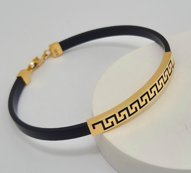 Men’s Black Kada with Gold-Tone Greek Key Bar