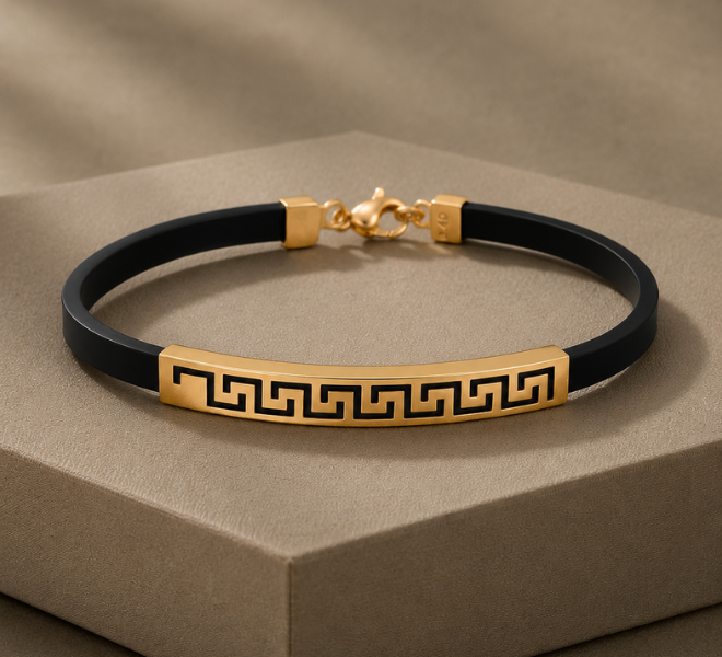 Men’s Black Kada with Gold-Tone Greek Key Bar