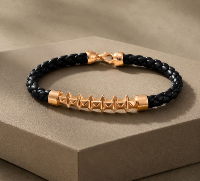 Black Braided Kada with Rose Gold-Tone Studded Bar