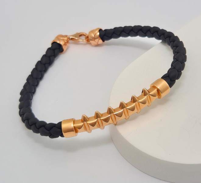 Black Braided Kada with Rose Gold-Tone Studded Bar