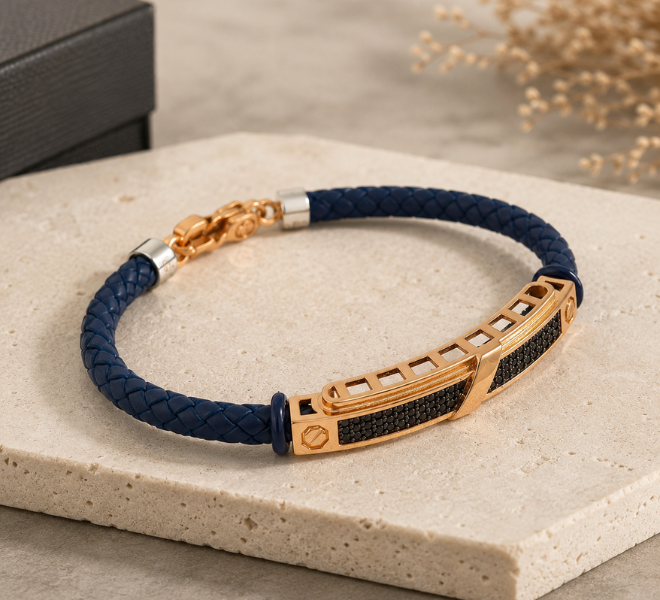 Black Braided Kada with Rose Gold-Tone Crystal Bar