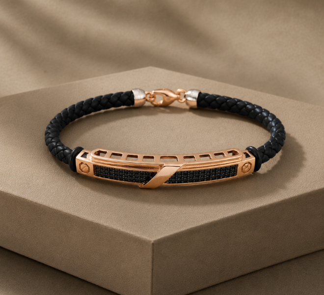Black Braided Kada with Rose Gold-Tone Crystal Bar