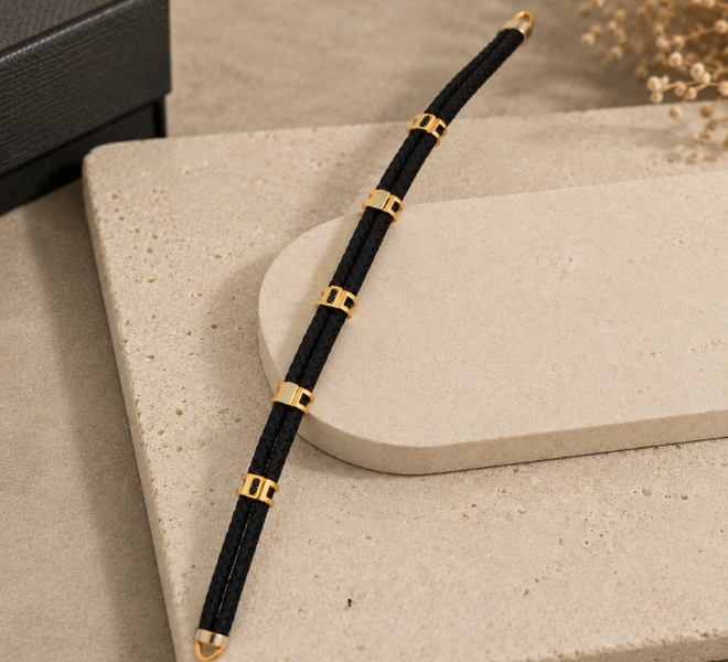 Black Double-Strand Rubber Kada with Gold-Tone Accents