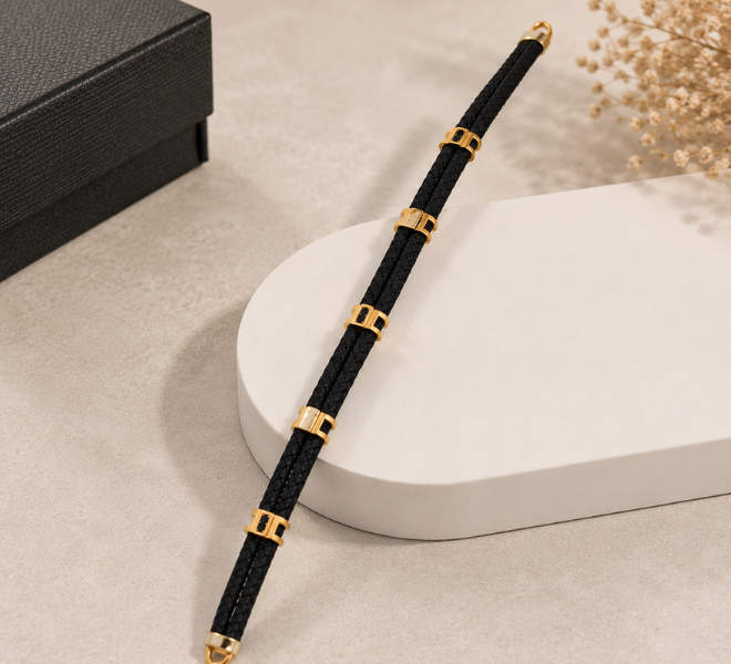 Black Double-Strand Rubber Kada with Gold-Tone Accents