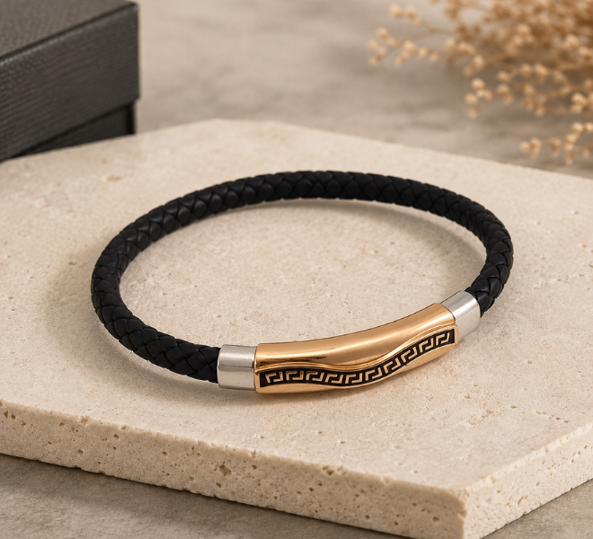 Black Braided Rubber Kada with Rose Gold-Tone Greek Key Bar