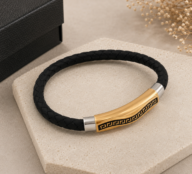 Black Braided Rubber Kada with Rose Gold-Tone Greek Key Bar