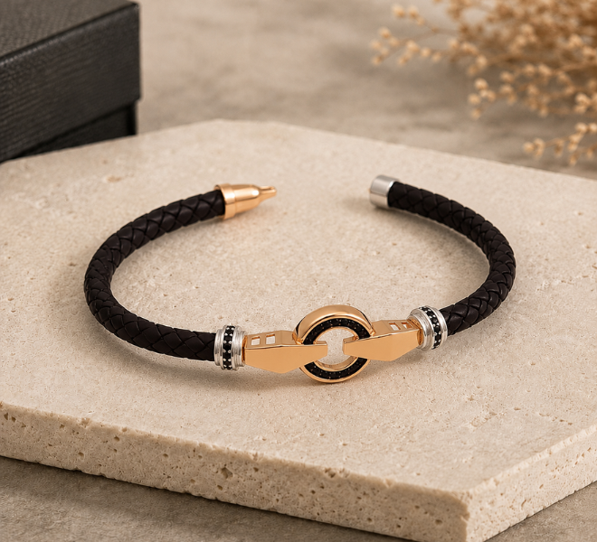 Brown Braided Rubber Kada with Gold-Tone Circular Link