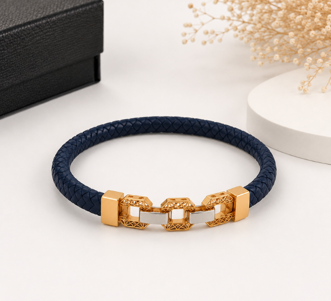 Navy Blue Braided Rubber Kada with Gold-Tone Geometric Link Design