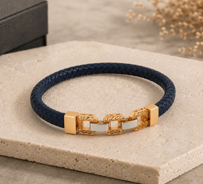 Navy Blue Braided Rubber Kada with Gold-Tone Geometric Link Design