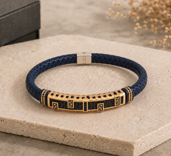 Navy Blue Braided Rubber Kada with Gold-Tone Greek Key Bar