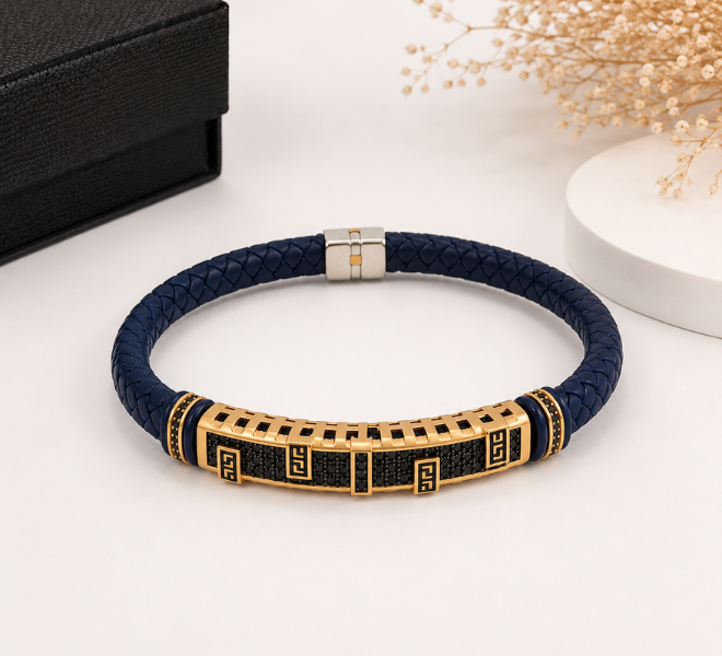 Navy Blue Braided Rubber Kada with Gold-Tone Greek Key Bar