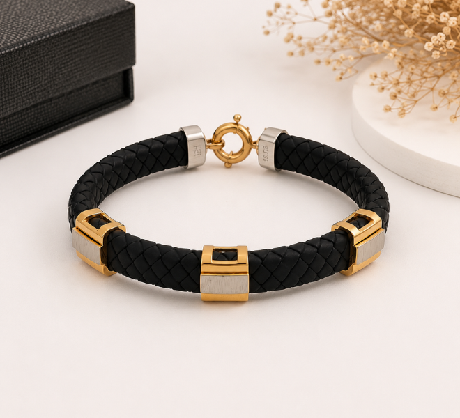 Black Braided Rubber Kada with Dual-Tone Gold & Silver Accents