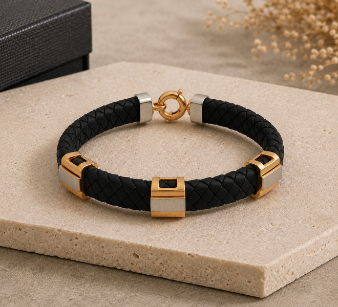 Black Braided Rubber Kada with Dual-Tone Gold & Silver Accents