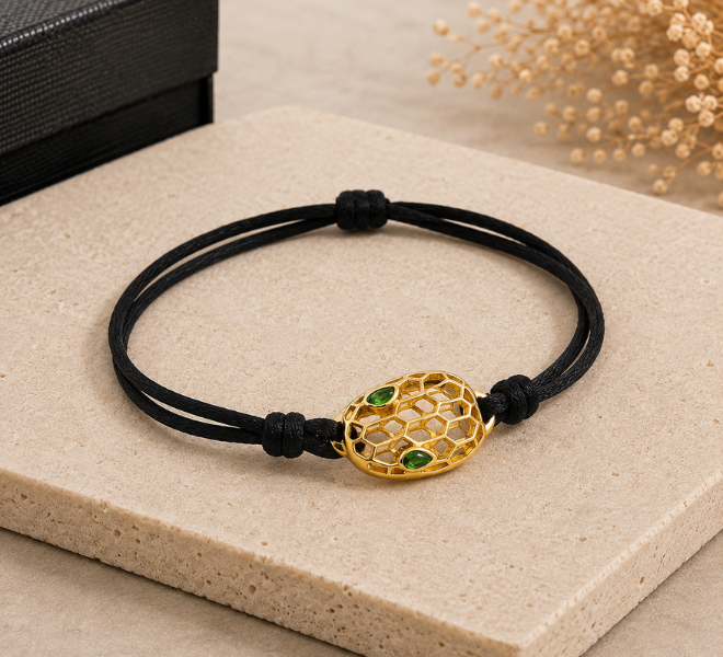 Black Multi Strand Rubber Kada with Gold Honeycomb Charm