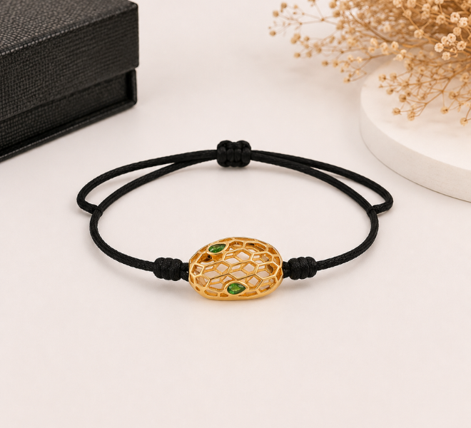 Black Multi Strand Rubber Kada with Gold Honeycomb Charm