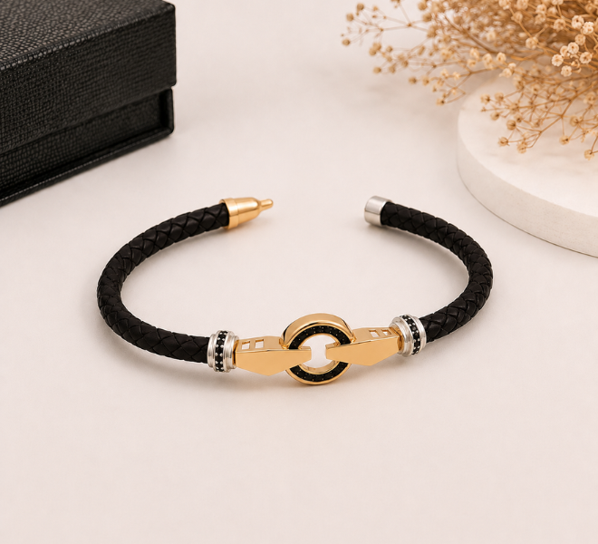 Brown Braided Rubber Kada with Gold-Tone Circular Link