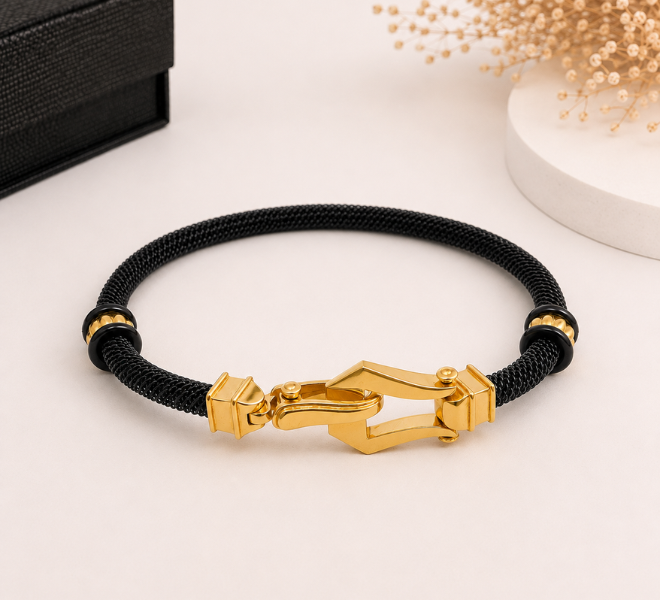 Black Mesh Rubber Kada with Gold Geometric Clasp