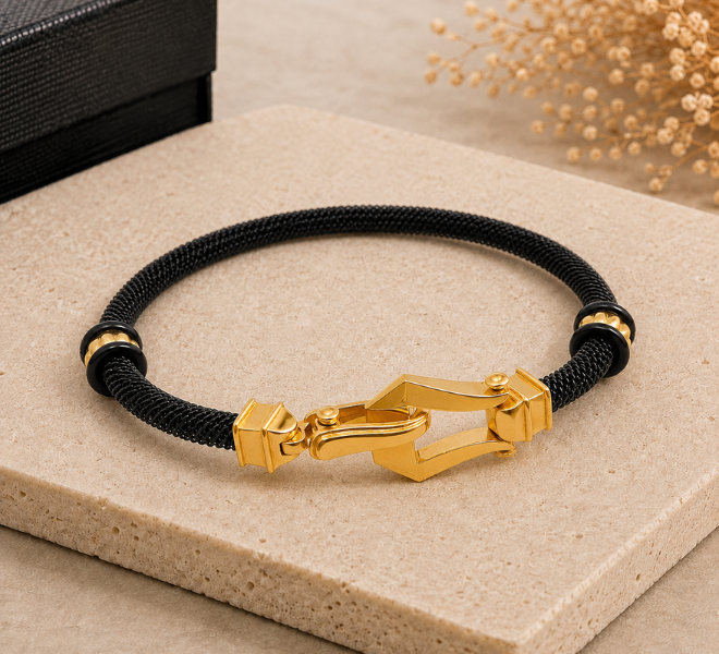 Black Mesh Rubber Kada with Gold Geometric Clasp