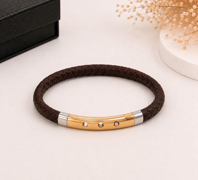 Brown Braided Rubber Kada with Rose Gold Bar