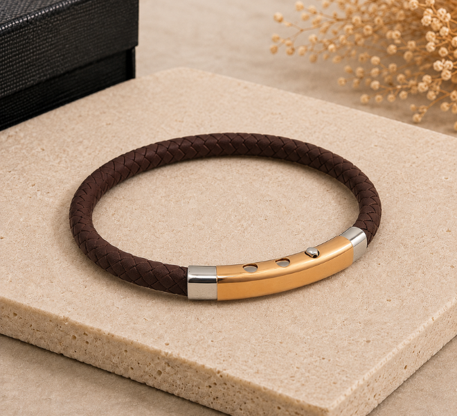 Brown Braided Rubber Kada with Rose Gold Bar