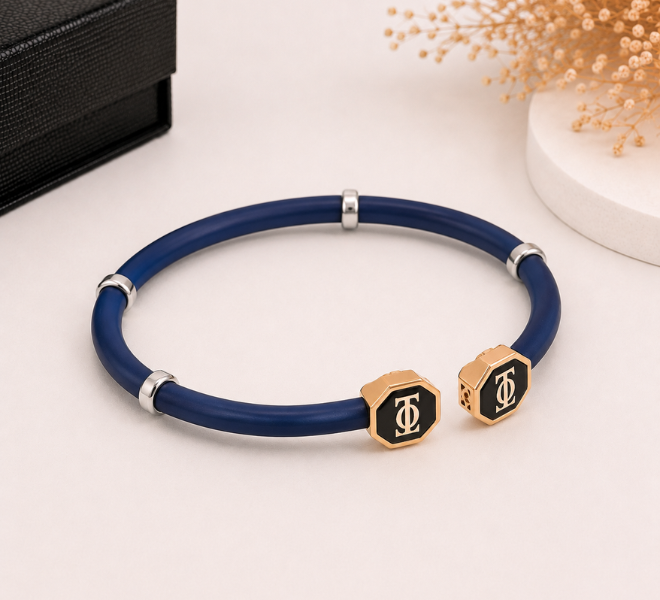 Navy Blue Rubber Kada with Rose Gold Monogram Ends