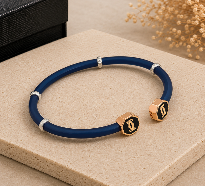 Navy Blue Rubber Kada with Rose Gold Monogram Ends