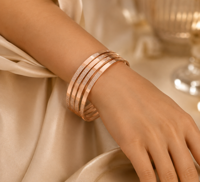Rose Gold Sparkle Panel Bangles Set
