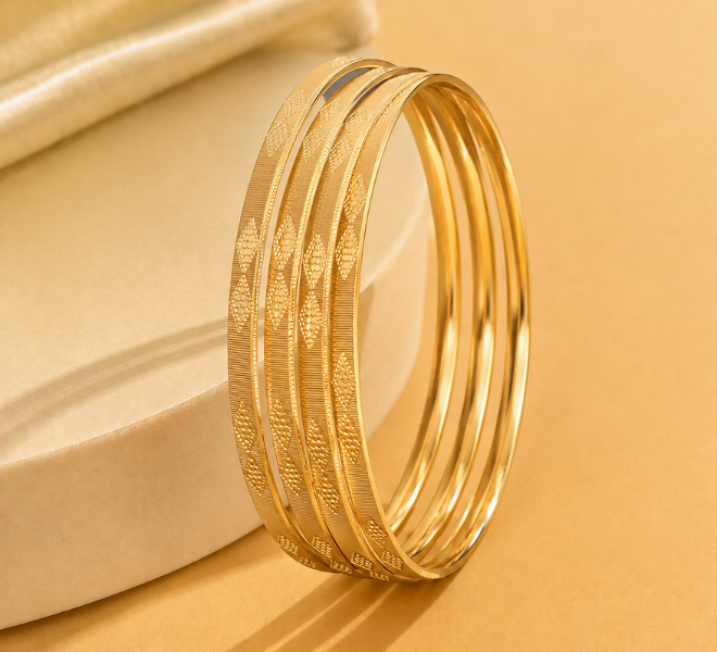Leaf Motif Textured Gold Bangles Set
