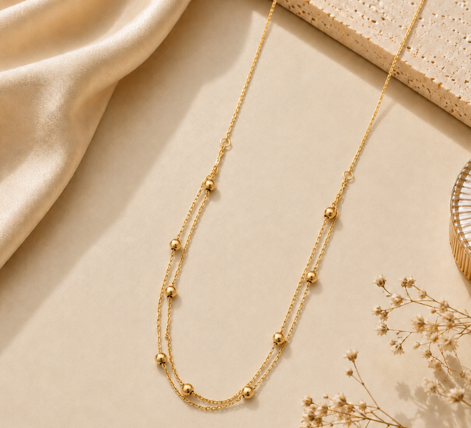 Elegant Double Layer Beaded Gold Chain
