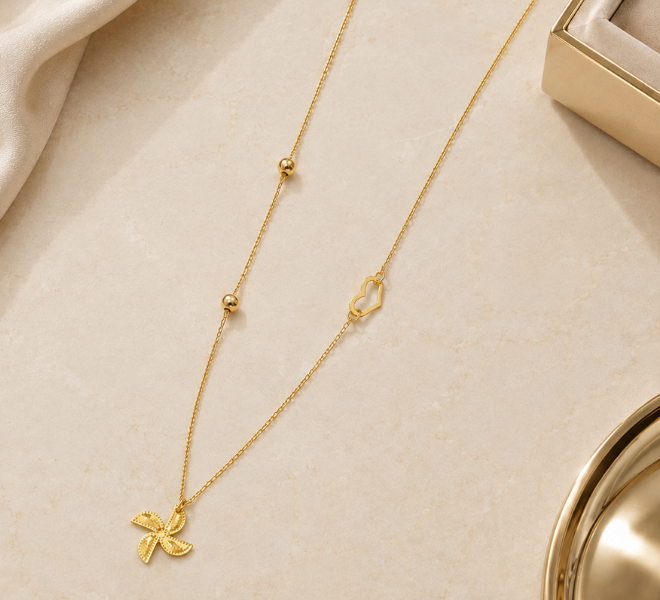 Golden Pinwheel  Pendant Chain with Heart Charm