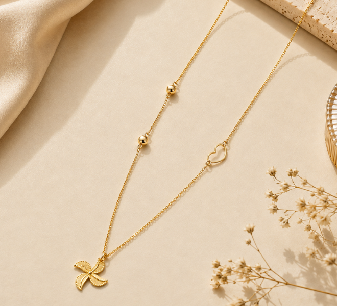 Golden Pinwheel  Pendant Chain with Heart Charm