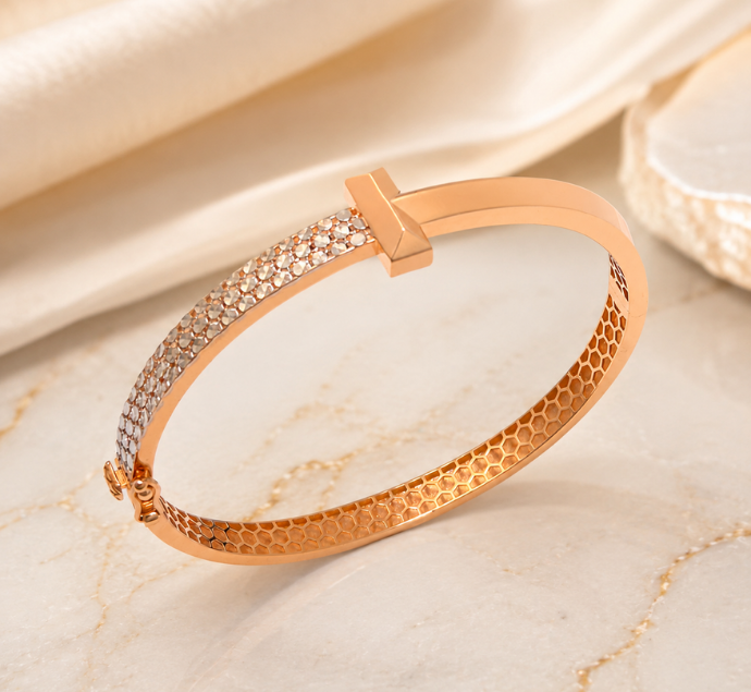 Contemporary T-Bar Stone-Studded Rose Gold Kada