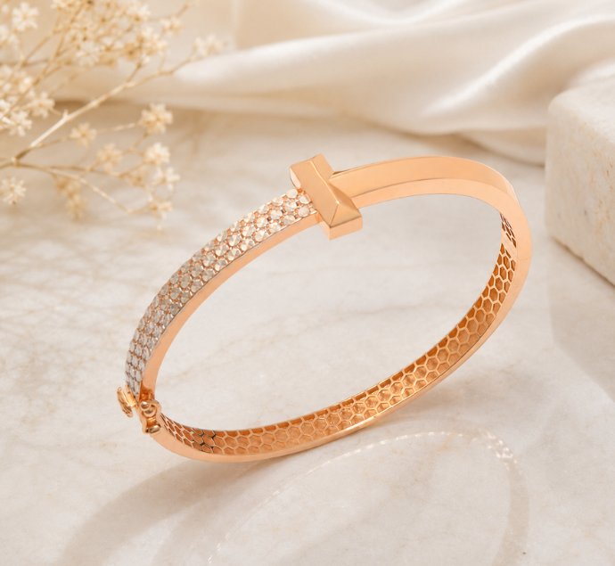 Contemporary T-Bar Stone-Studded Rose Gold Kada