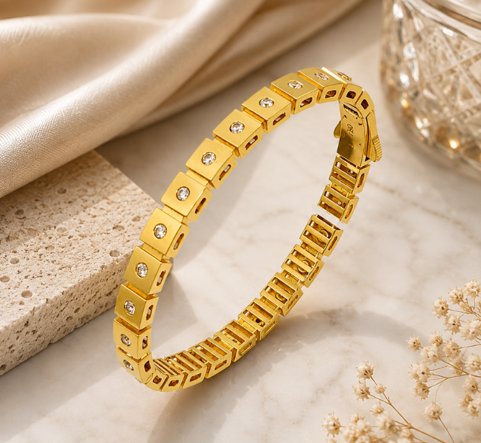Geometric Link Stone Studded Gold Kada
