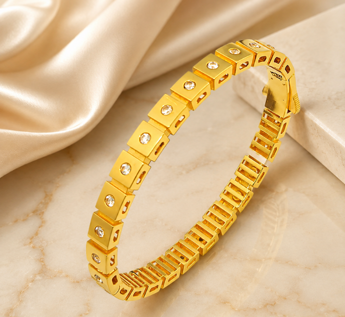 Geometric Link Stone Studded Gold Kada
