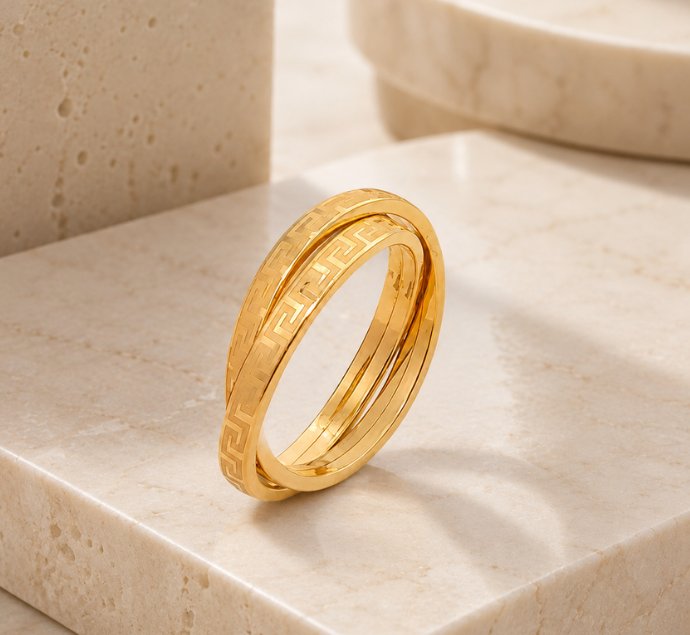 Greek Key Double Band Gold Ring