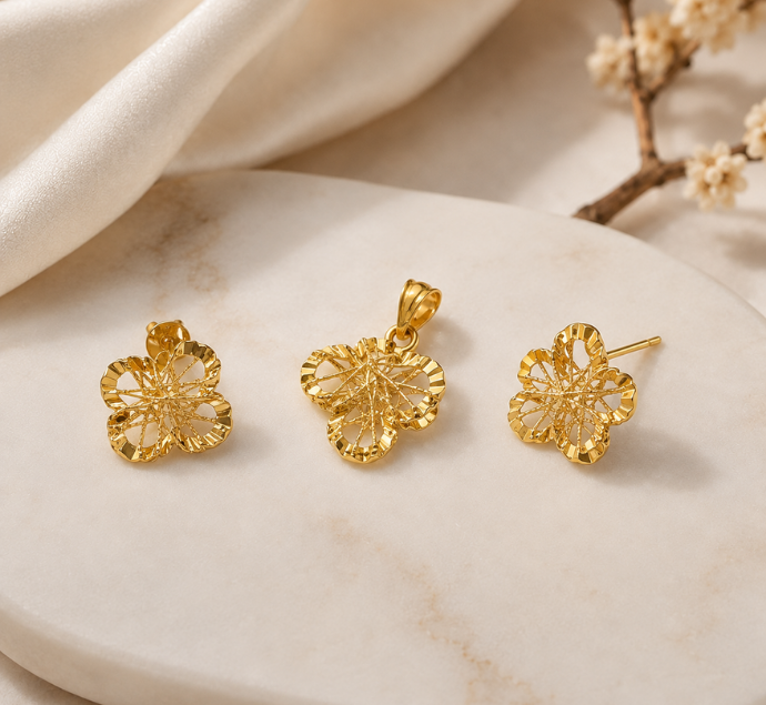 Intricate Floral Filigree Gold Pendant Set
