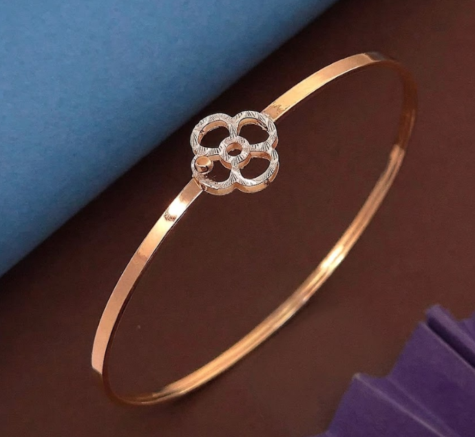 Rose Gold Floral Motif Bangle with Textured Silver Petals & Pink Gemstone Center