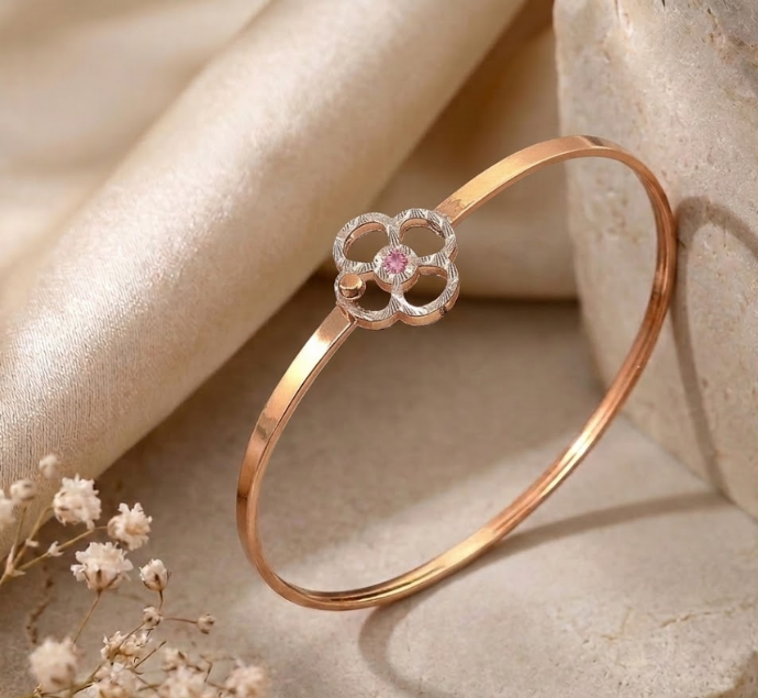 Rose Gold Floral Motif Bangle with Textured Silver Petals & Pink Gemstone Center