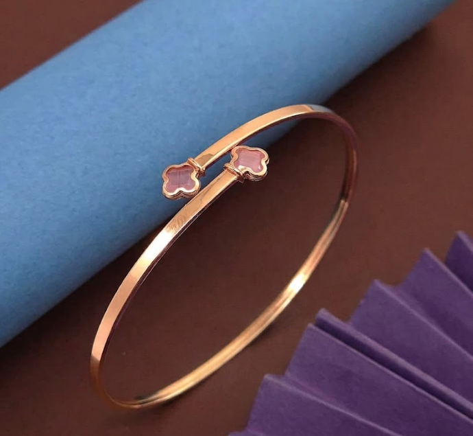 Elegant Rose Gold Open Cuff Bangle with Pink Clover 
