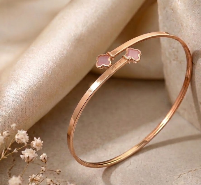 Elegant Rose Gold Open Cuff Bangle with Pink Clover 